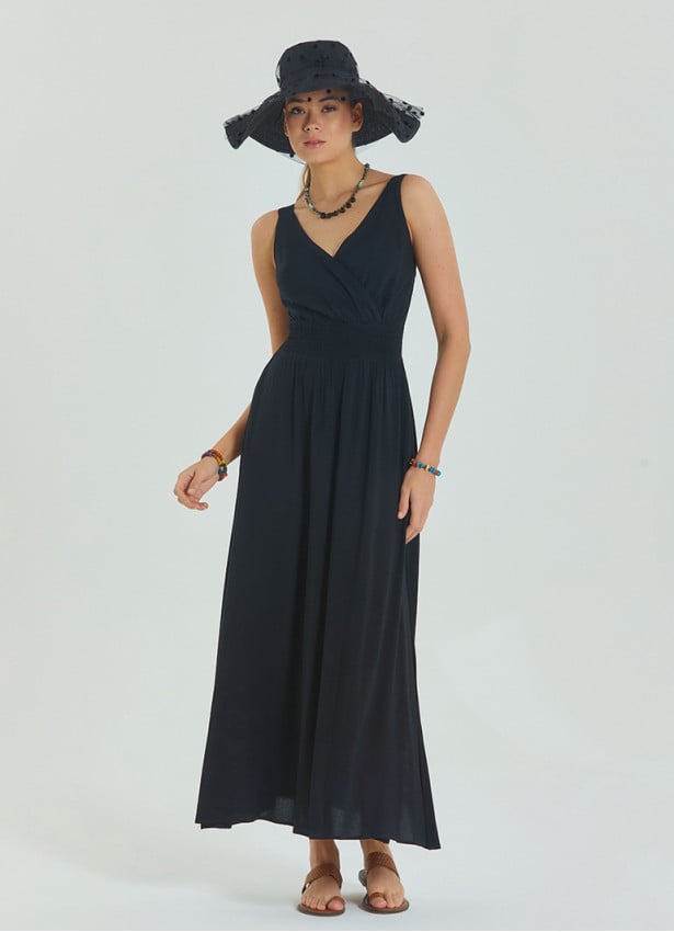 V Neck Double Breasted Black Long Dress 4560